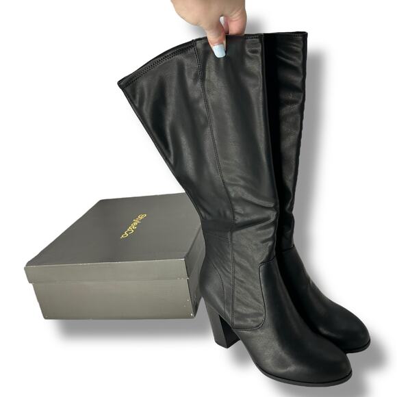 NEW Macy's Black Leather Tall Boots Size 9W XWC Wide Calf Knee High Riding NWT - Picture 2 of 7